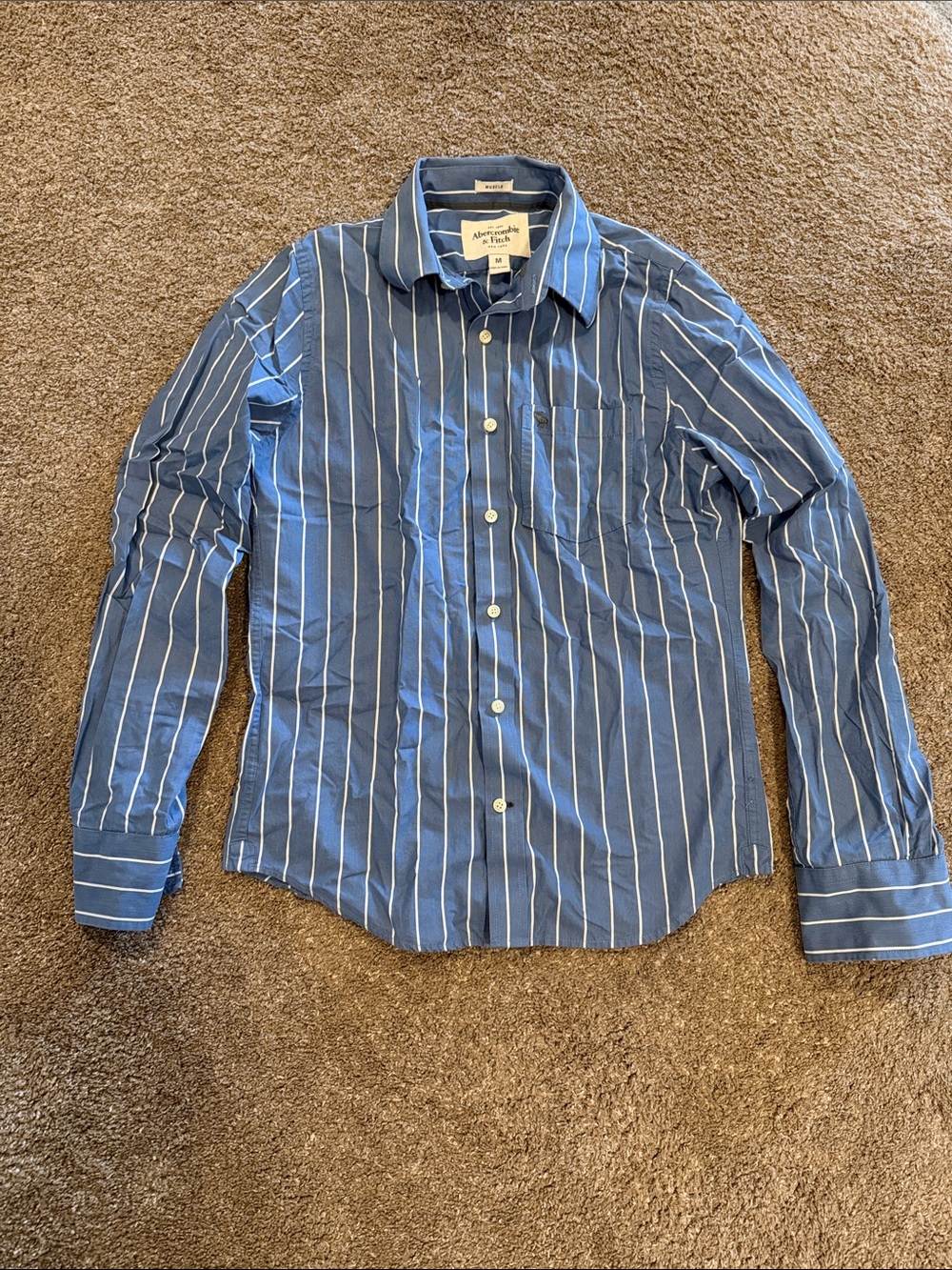 Abercrombie & Fitch Blue and White Vertical Stripe Button-Up Shirt